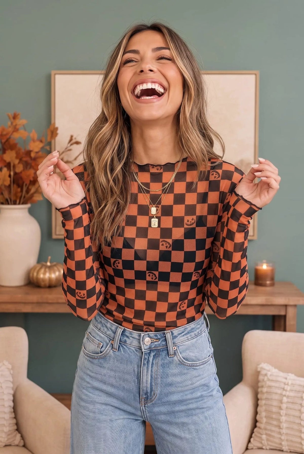 Spooky Checkered Pumpkin Mesh Long Sleeve Top - Bitsy Gypsy Boutique