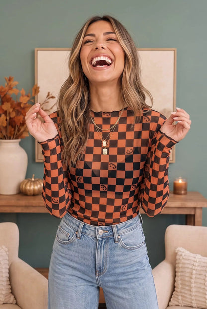 Spooky Checkered Pumpkin Mesh Long Sleeve Top - Bitsy Gypsy Boutique