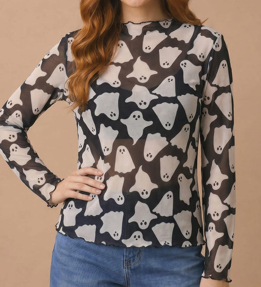 Spooky Cute Ghost Print Mesh Long Sleeve Top - Bitsy Gypsy Boutique