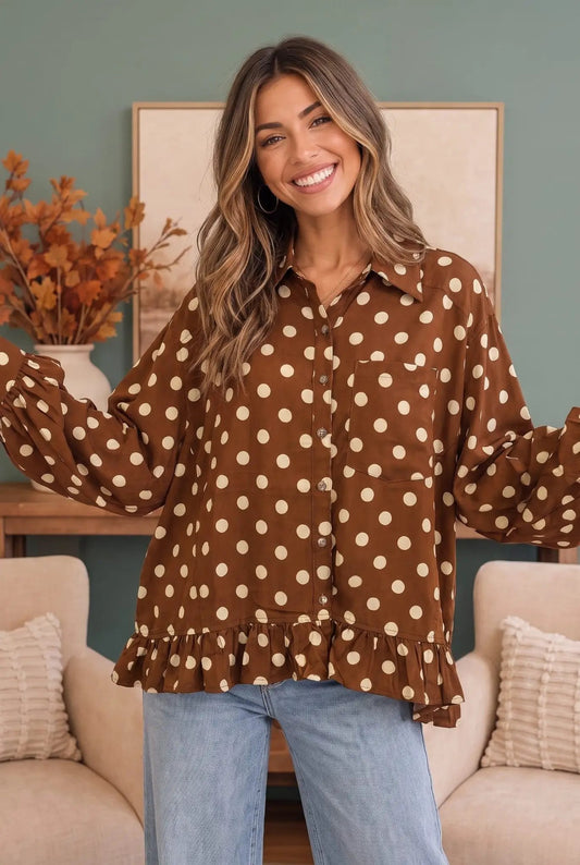 Spotted in Style Polka Dot Ruffle Blouse by Haptics