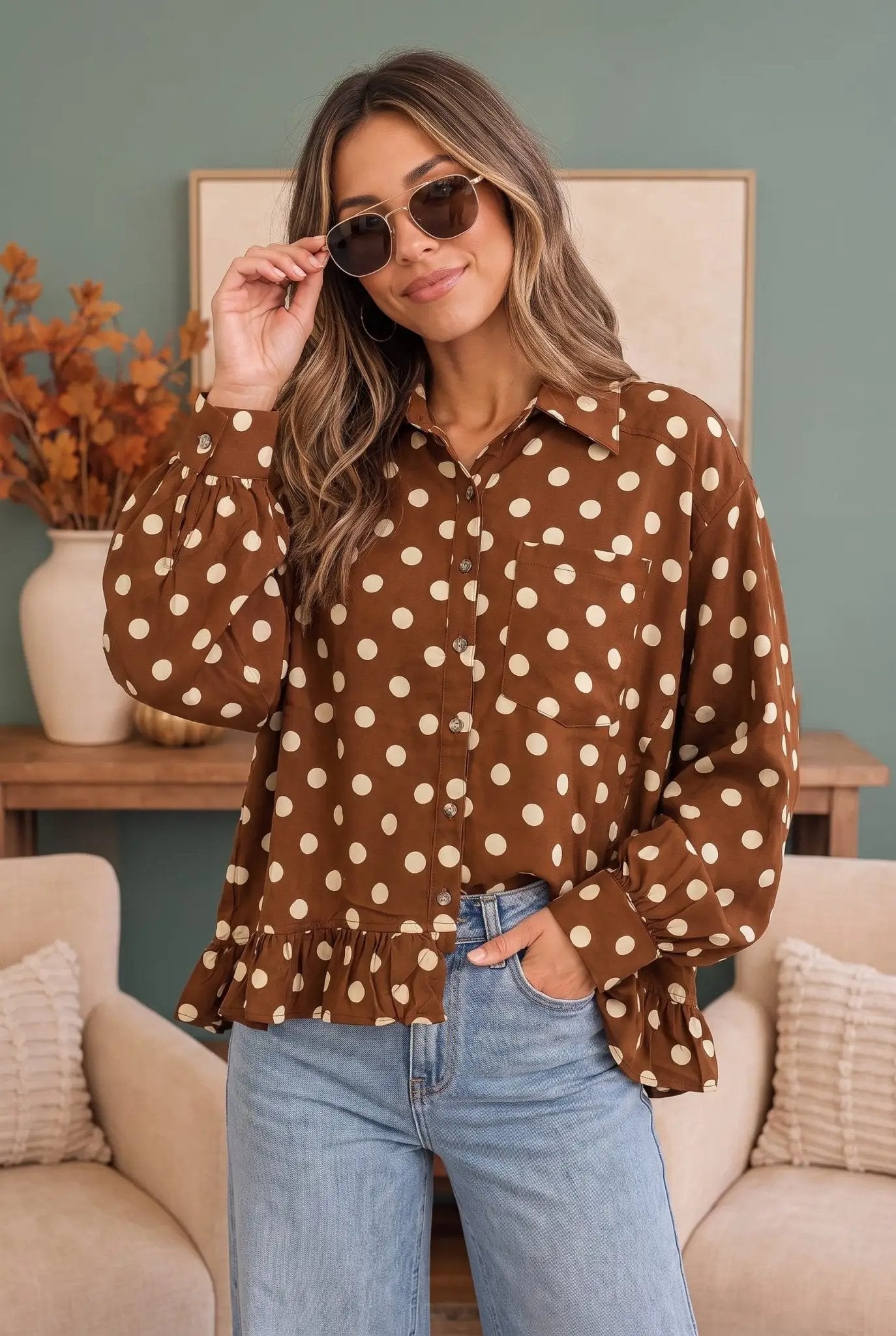 Spotted in Style Polka Dot Ruffle Blouse by Haptics