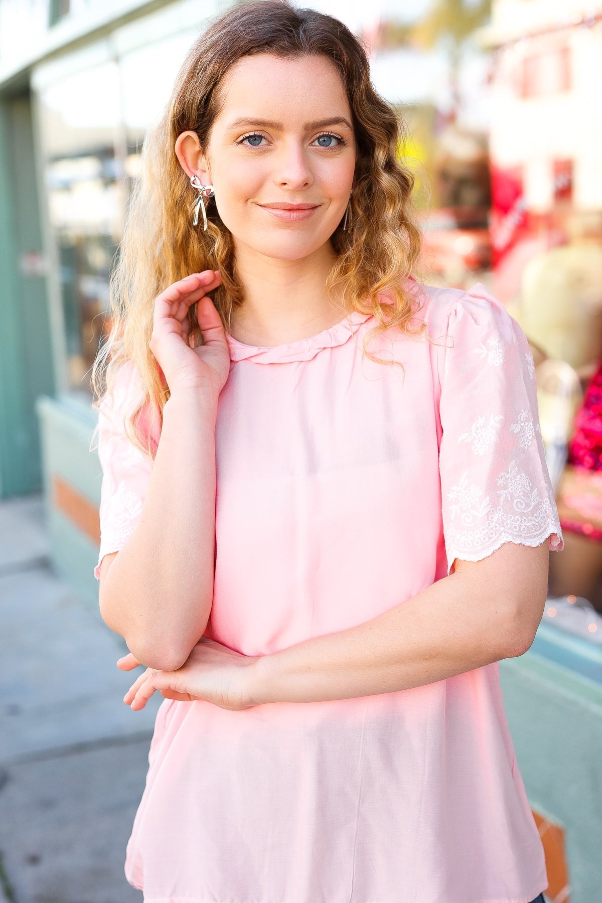 Spread Joy Blush Mock Neck Embroidered Woven Top - Bitsy Gypsy Boutique