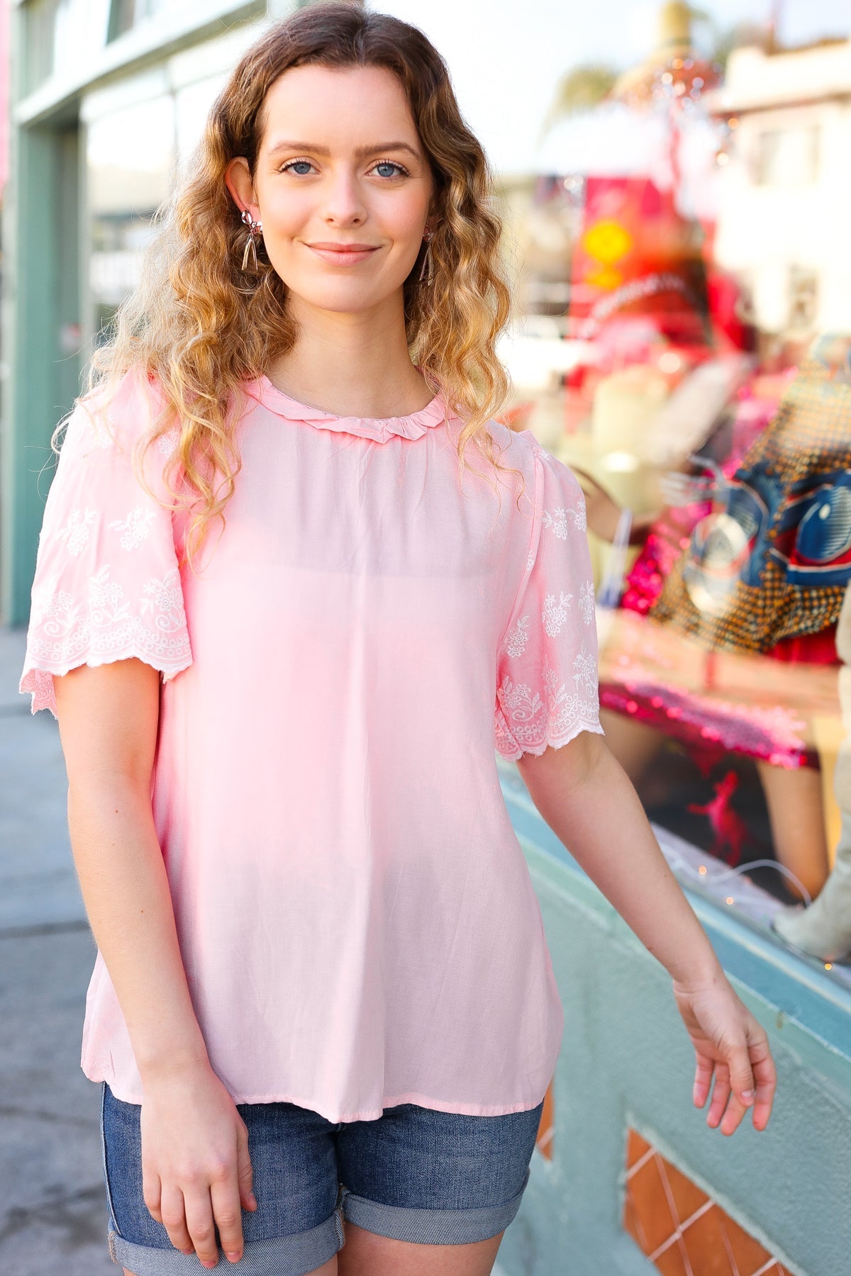 Spread Joy Blush Mock Neck Embroidered Woven Top - Bitsy Gypsy Boutique