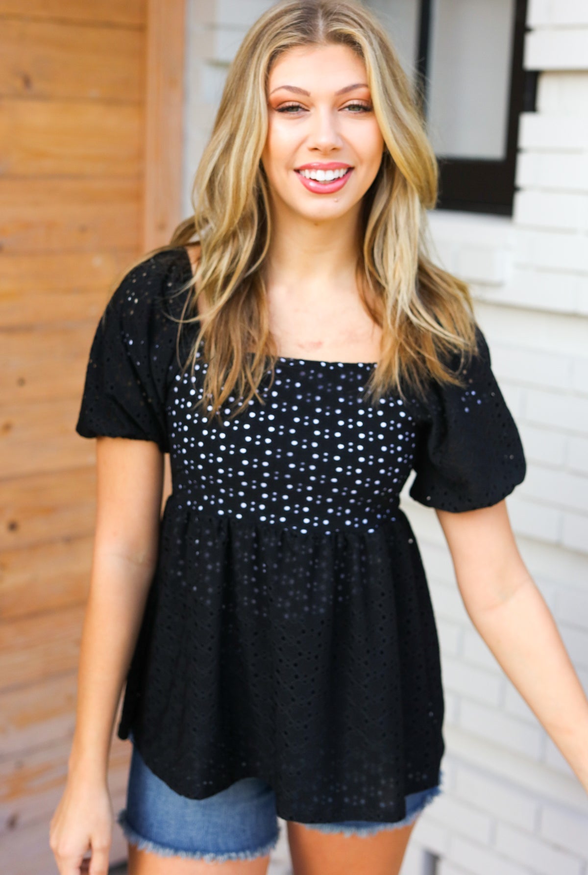 Spring Vibes Midnight Eyelet Puff Sleeve Babydoll Top - Bitsy Gypsy Boutique