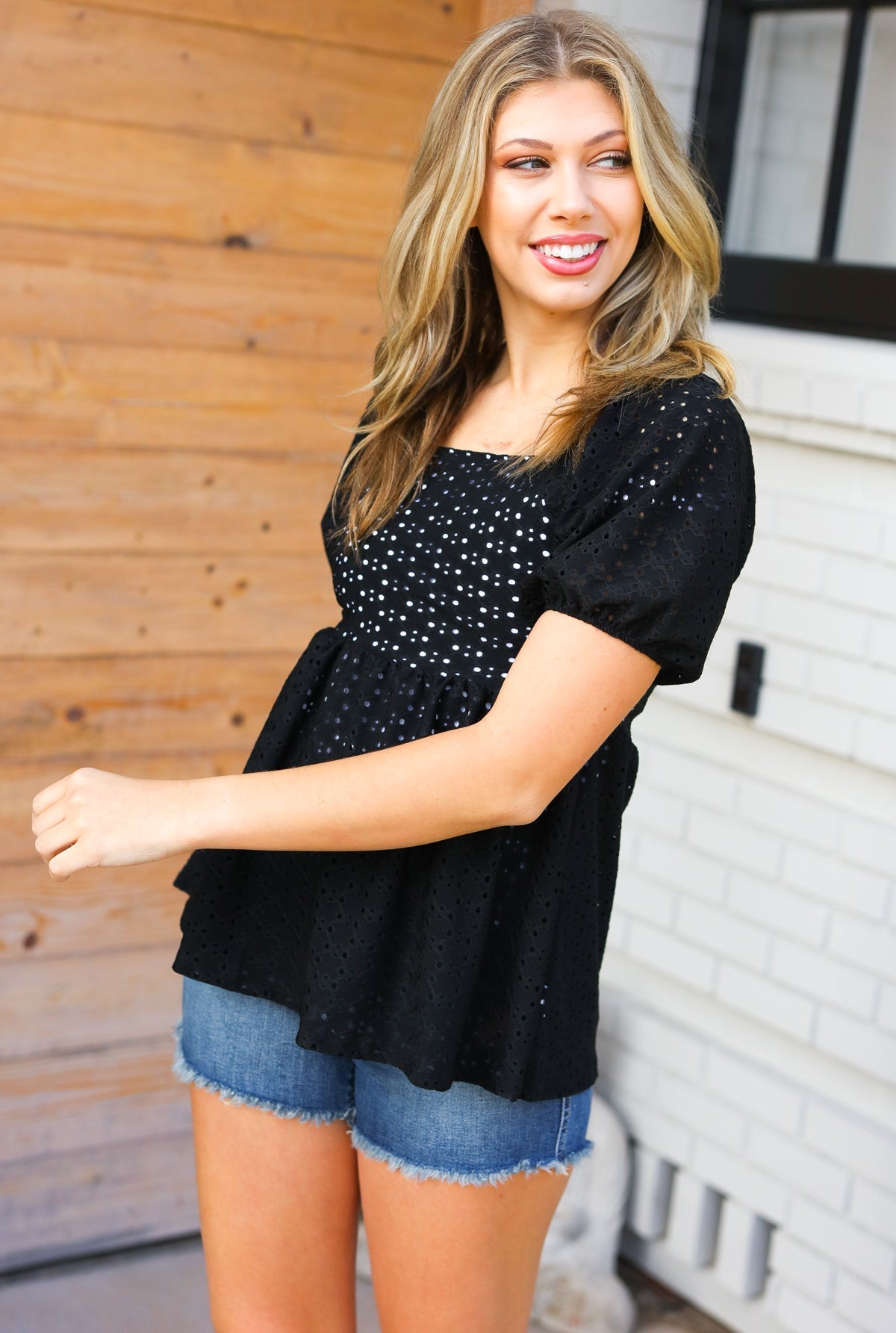 Spring Vibes Midnight Eyelet Puff Sleeve Babydoll Top - Bitsy Gypsy Boutique