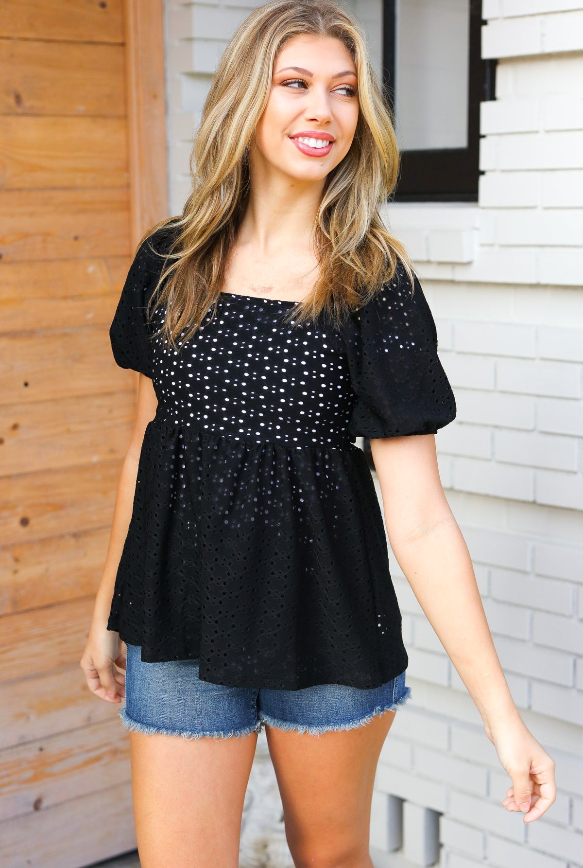 Spring Vibes Midnight Eyelet Puff Sleeve Babydoll Top - Bitsy Gypsy Boutique