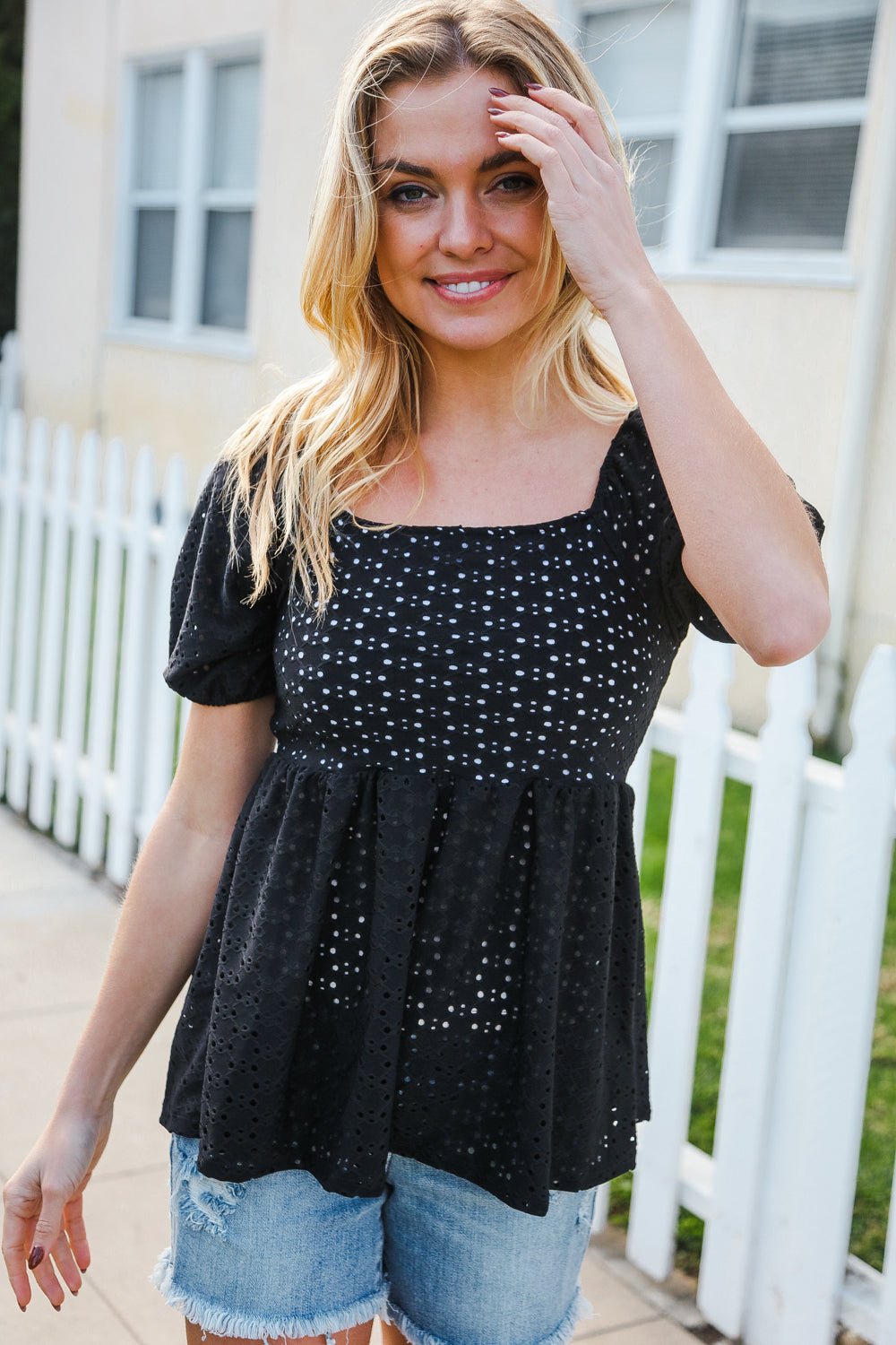 Spring Vibes Midnight Eyelet Puff Sleeve Babydoll Top - Bitsy Gypsy Boutique