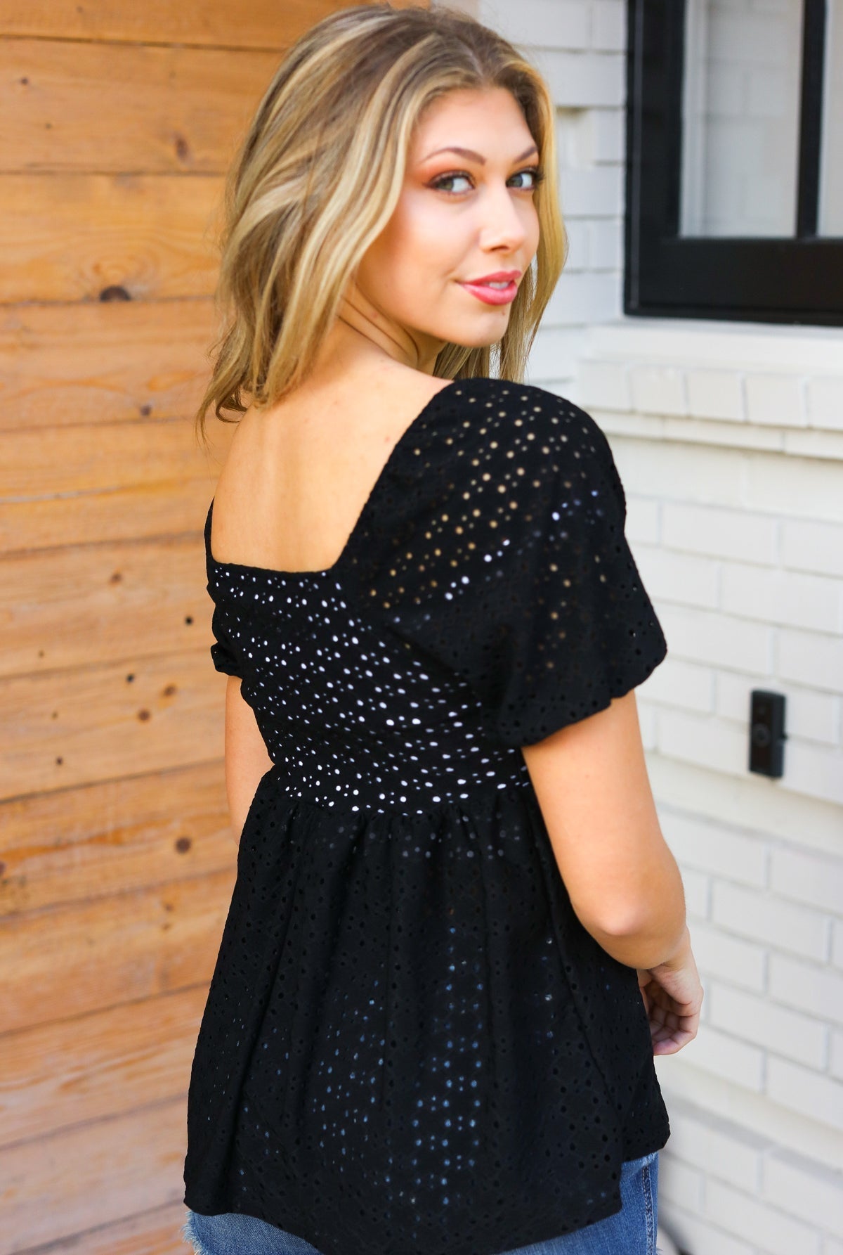 Spring Vibes Midnight Eyelet Puff Sleeve Babydoll Top - Bitsy Gypsy Boutique