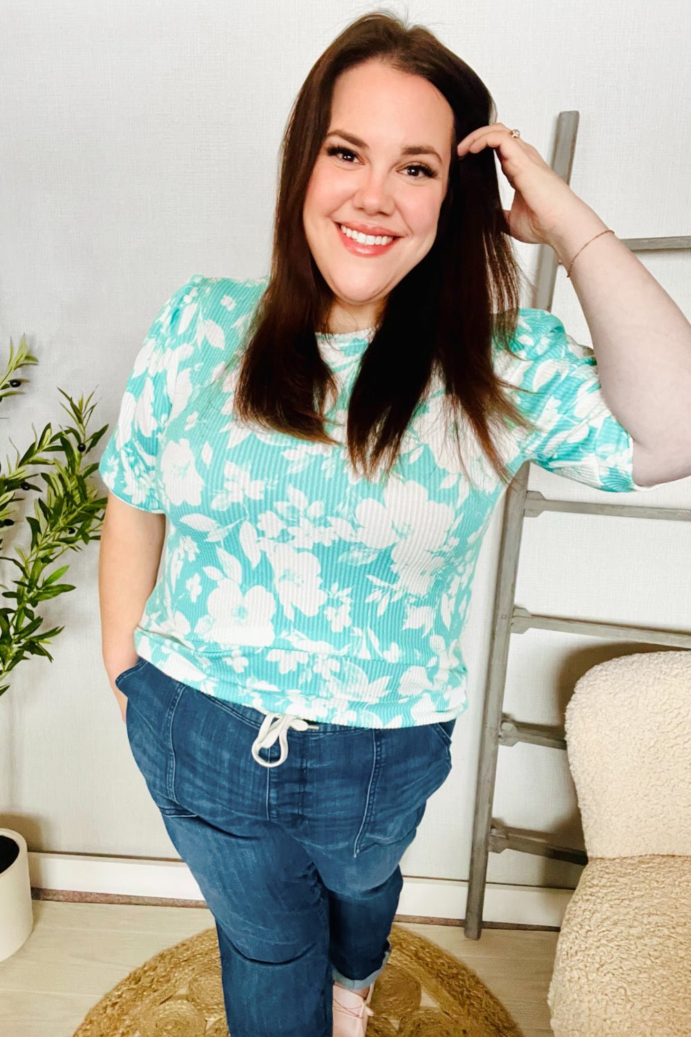 Spring Vibes Mint Wavy Rib Puff Short Sleeves Floral Top - Bitsy Gypsy Boutique