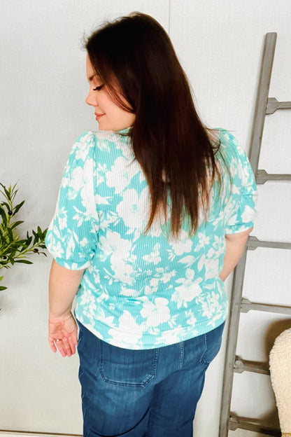 Spring Vibes Mint Wavy Rib Puff Short Sleeves Floral Top - Bitsy Gypsy Boutique