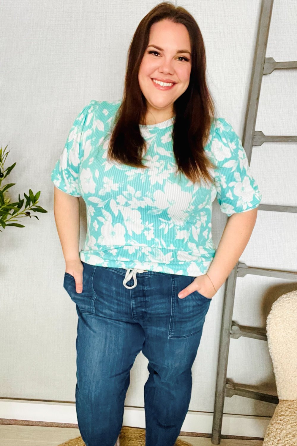 Spring Vibes Mint Wavy Rib Puff Short Sleeves Floral Top - Bitsy Gypsy Boutique