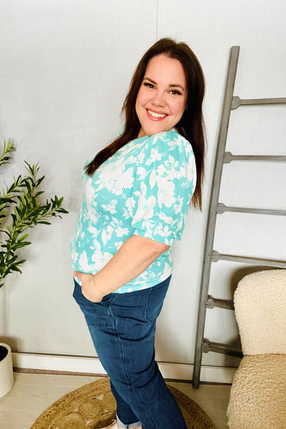 Spring Vibes Mint Wavy Rib Puff Short Sleeves Floral Top - Bitsy Gypsy Boutique