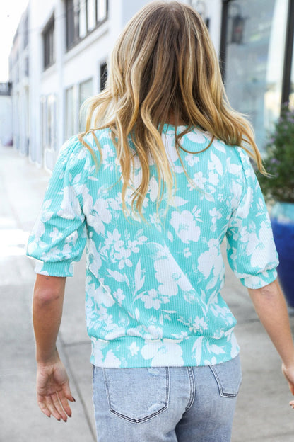 Spring Vibes Mint Wavy Rib Puff Short Sleeves Floral Top - Bitsy Gypsy Boutique