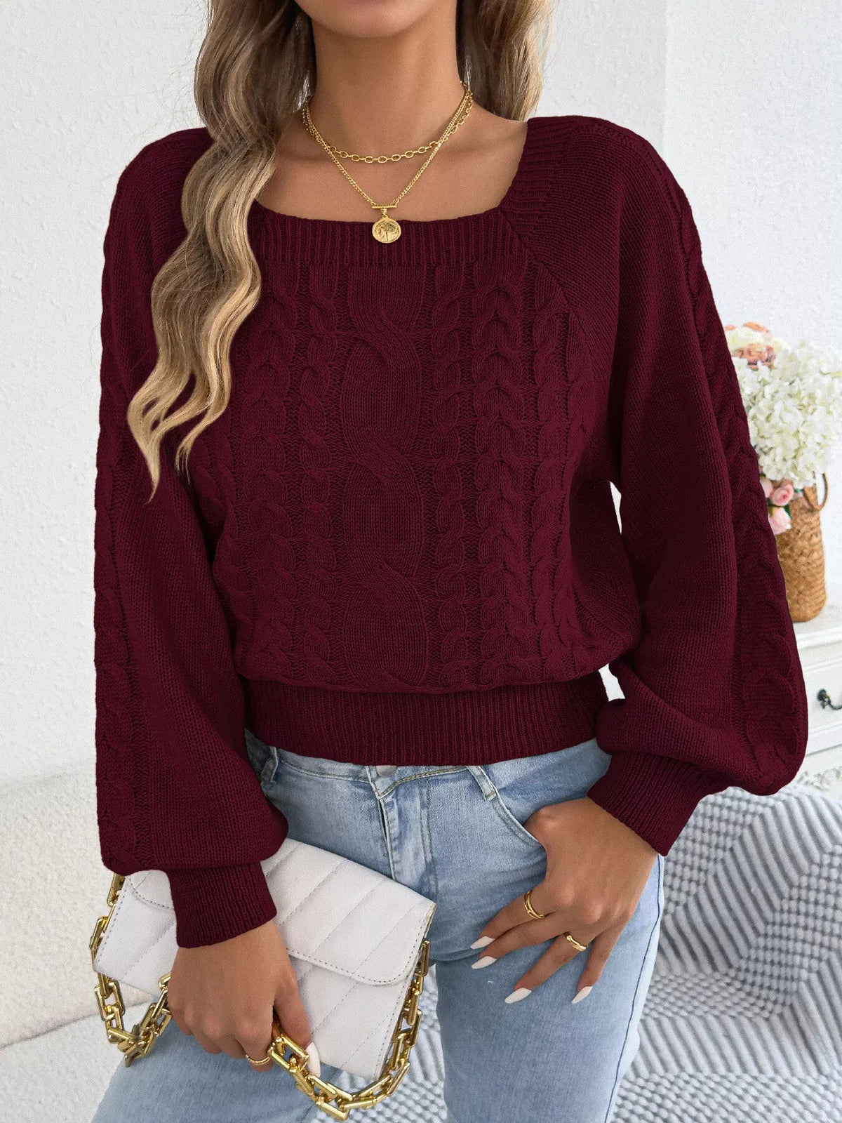 Square Neck Cable Knit Sweater - Bitsy Gypsy Boutique