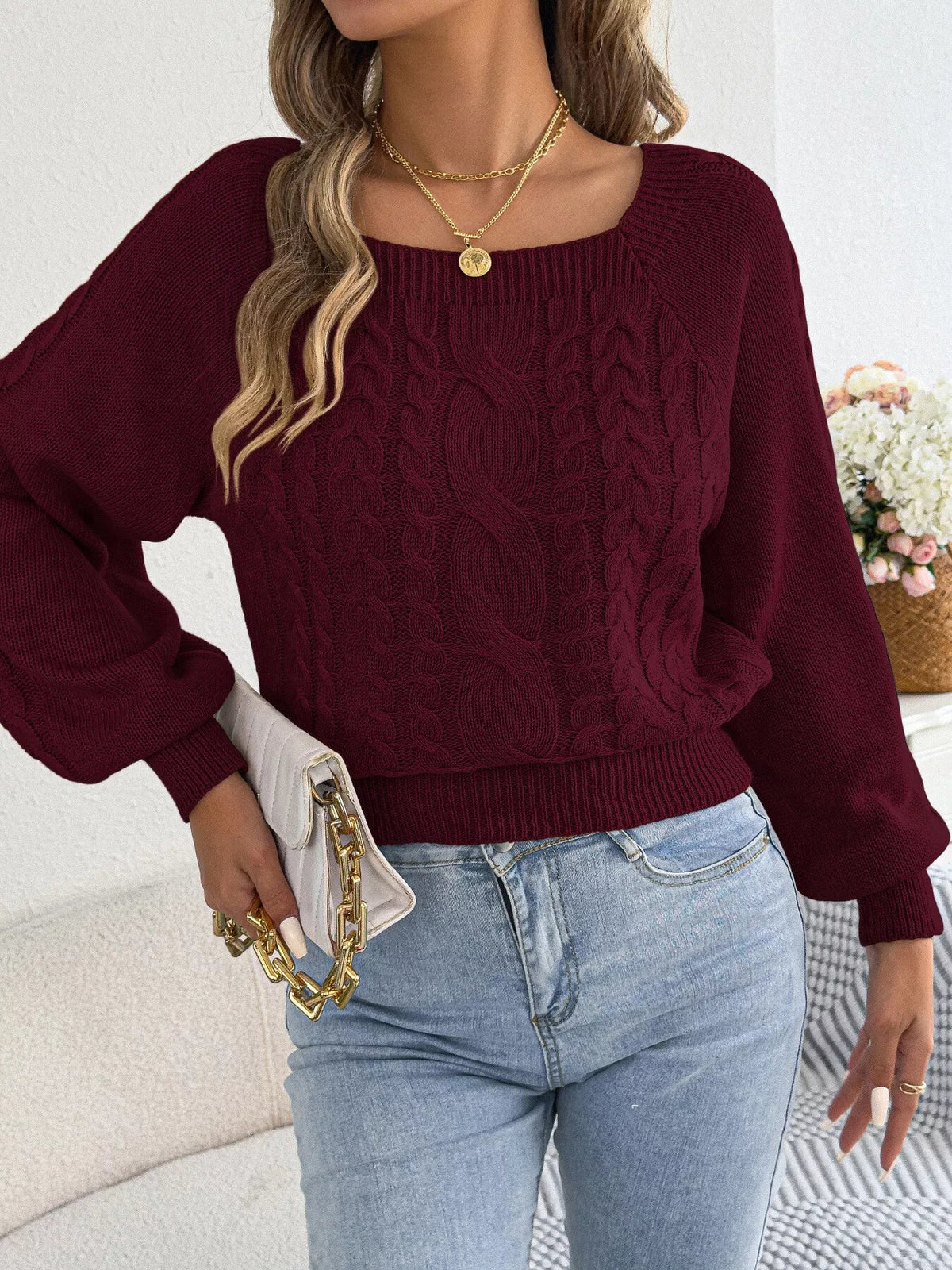 Square Neck Cable Knit Sweater - Bitsy Gypsy Boutique