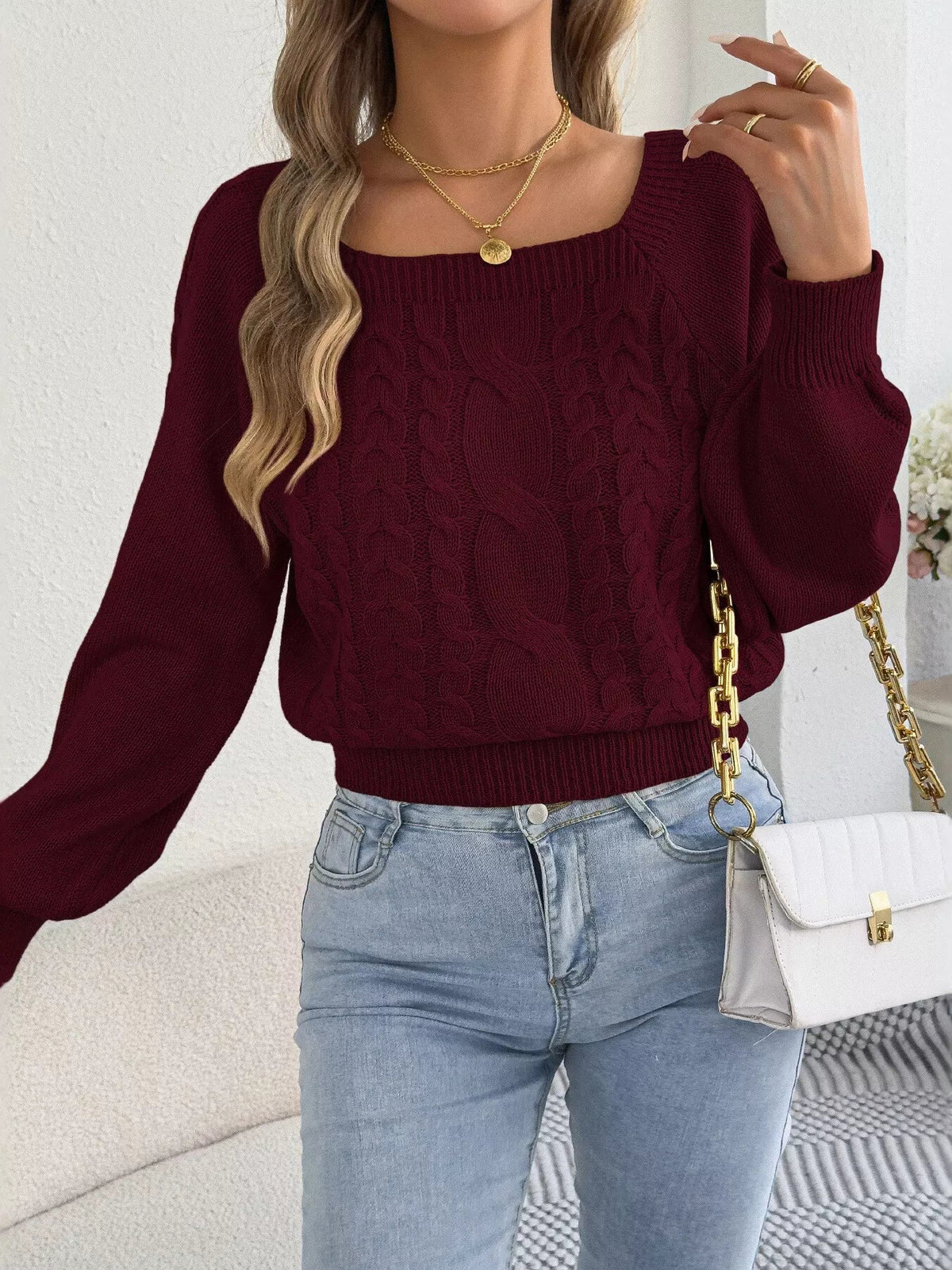 Square Neck Cable Knit Sweater - Bitsy Gypsy Boutique
