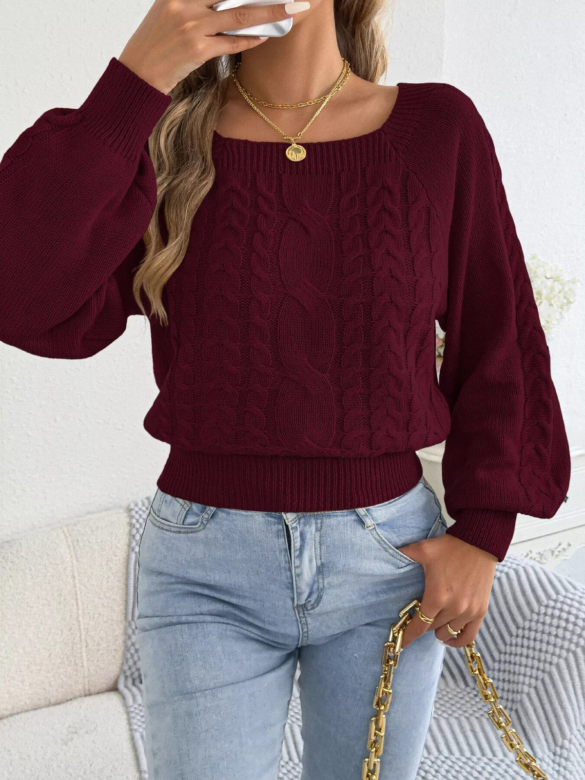 Square Neck Cable Knit Sweater - Bitsy Gypsy Boutique