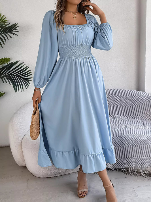 Square Neck Smocked Waist Long Sleeve Midi Dress - Bitsy Gypsy Boutique
