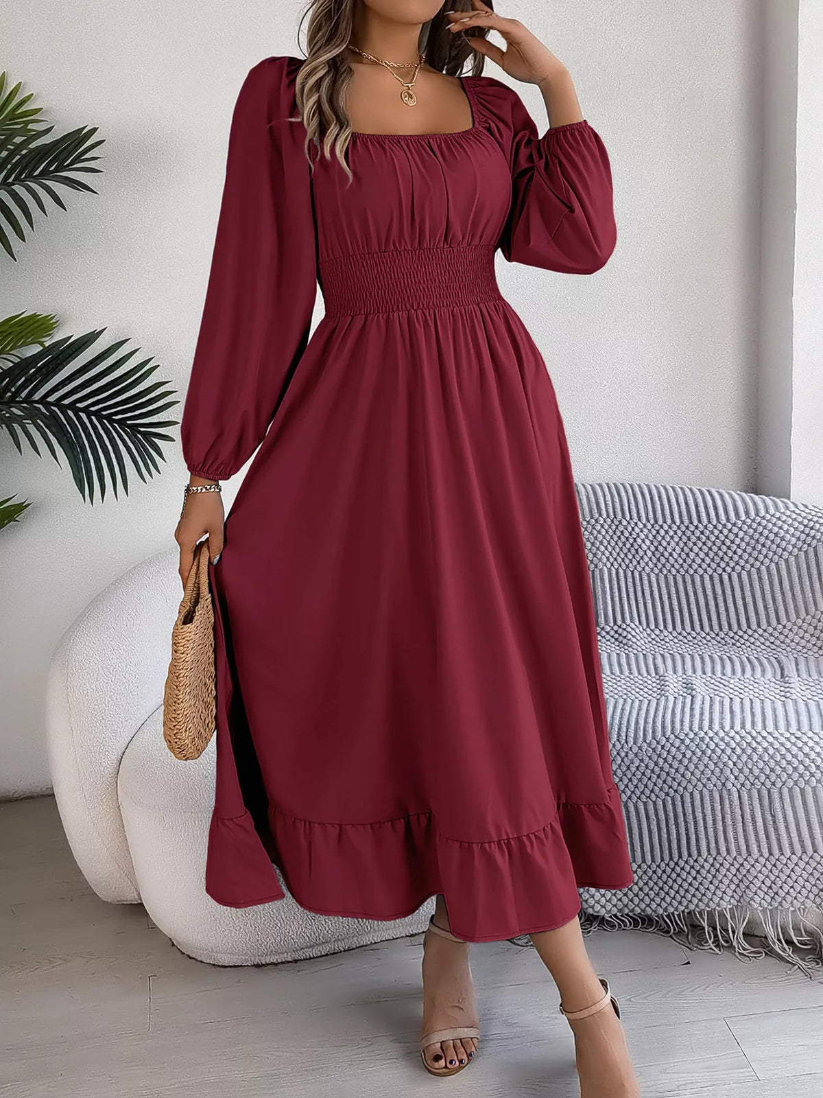 Square Neck Smocked Waist Long Sleeve Midi Dress - Bitsy Gypsy Boutique