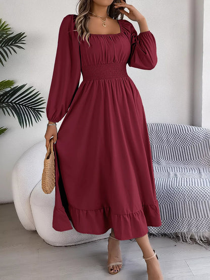 Square Neck Smocked Waist Long Sleeve Midi Dress - Bitsy Gypsy Boutique