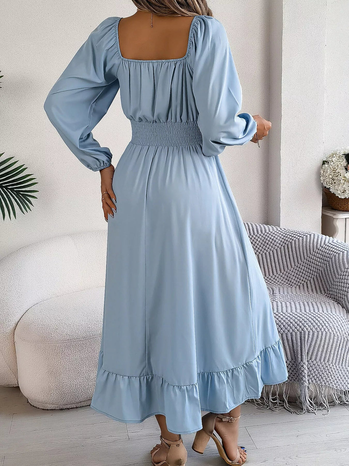 Square Neck Smocked Waist Long Sleeve Midi Dress - Bitsy Gypsy Boutique