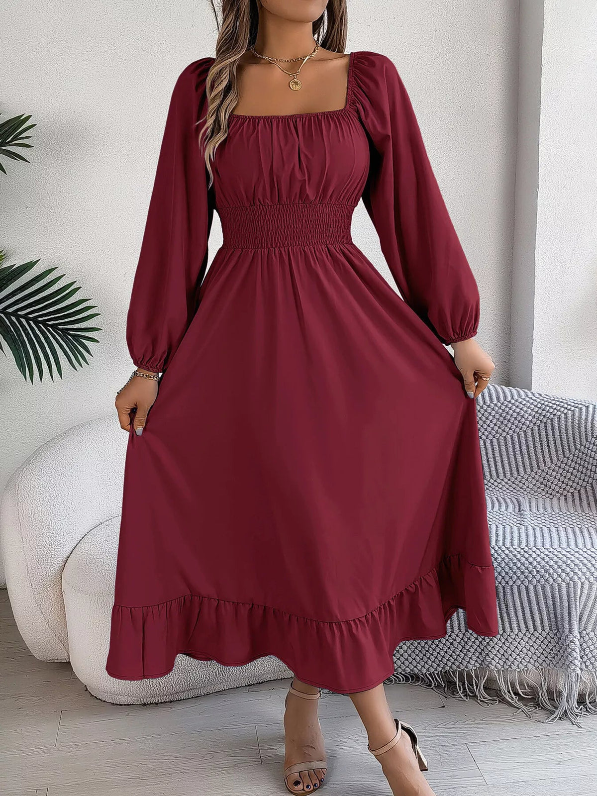 Square Neck Smocked Waist Long Sleeve Midi Dress - Bitsy Gypsy Boutique