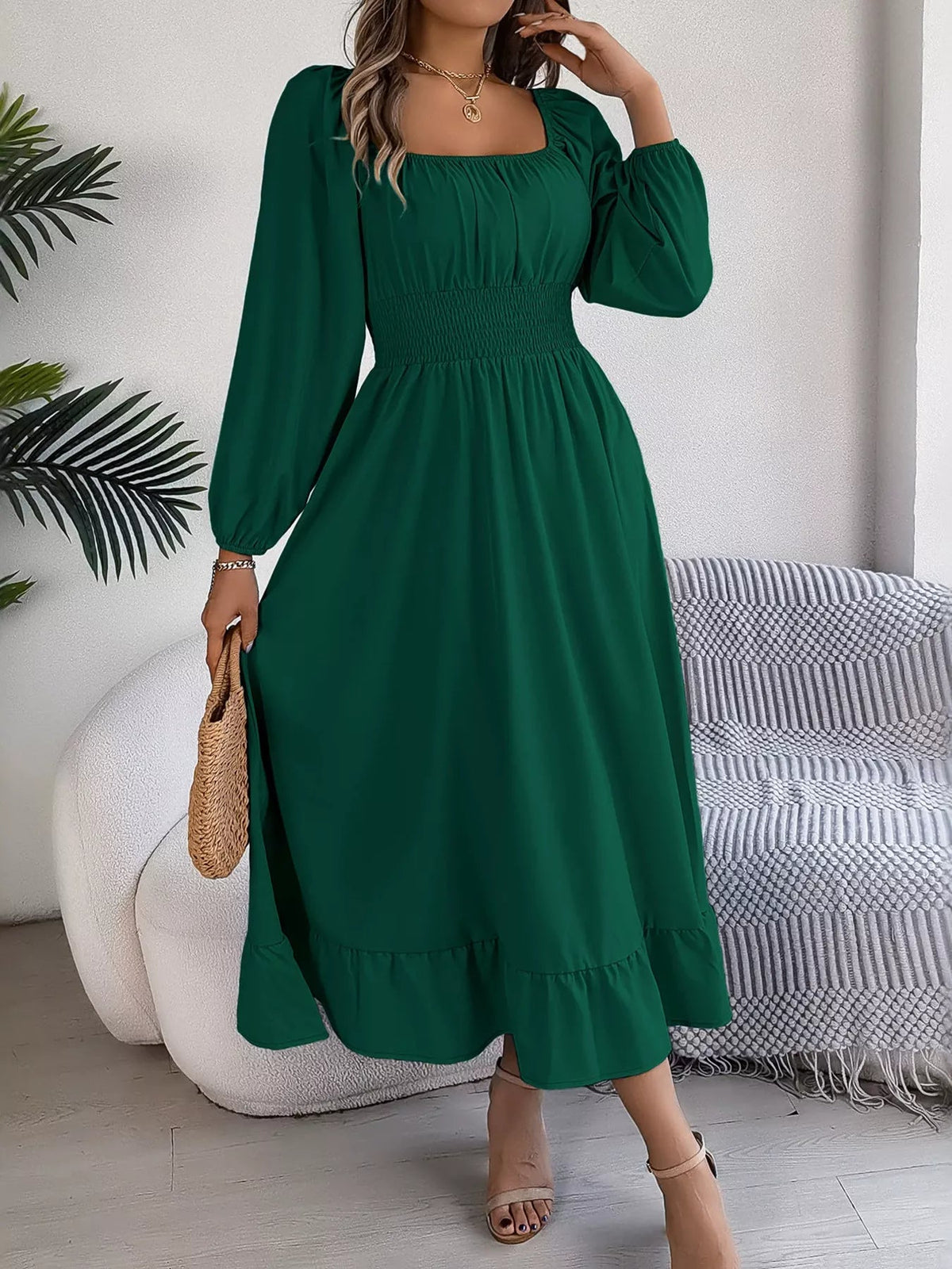 Square Neck Smocked Waist Long Sleeve Midi Dress - Bitsy Gypsy Boutique