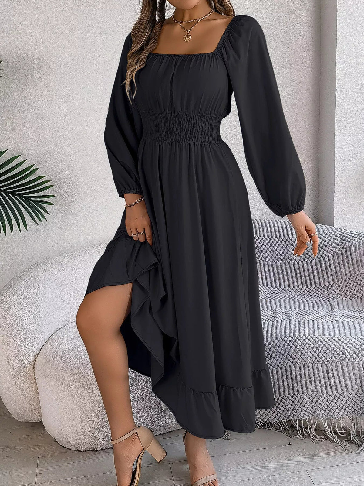Square Neck Smocked Waist Long Sleeve Midi Dress - Bitsy Gypsy Boutique