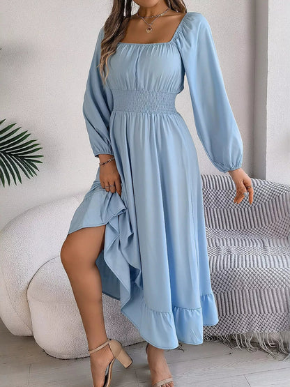 Square Neck Smocked Waist Long Sleeve Midi Dress - Bitsy Gypsy Boutique