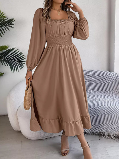Square Neck Smocked Waist Long Sleeve Midi Dress - Bitsy Gypsy Boutique