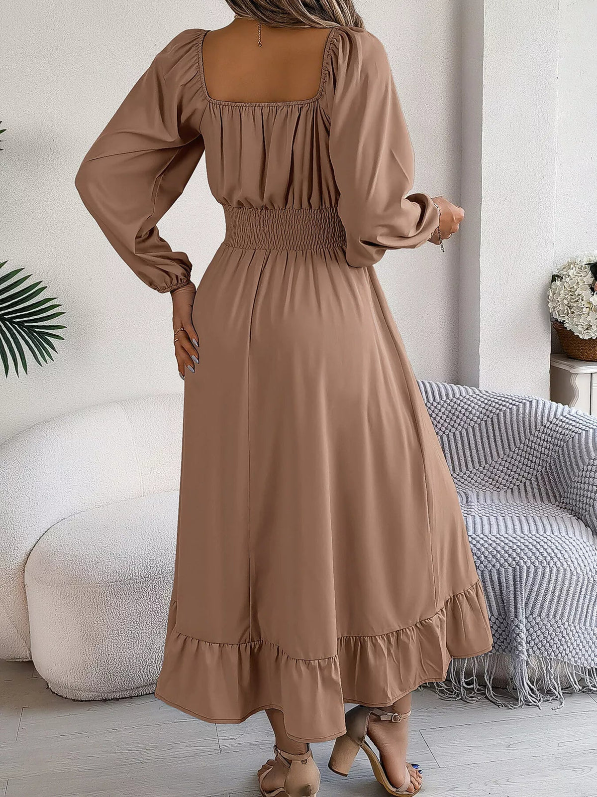 Square Neck Smocked Waist Long Sleeve Midi Dress - Bitsy Gypsy Boutique