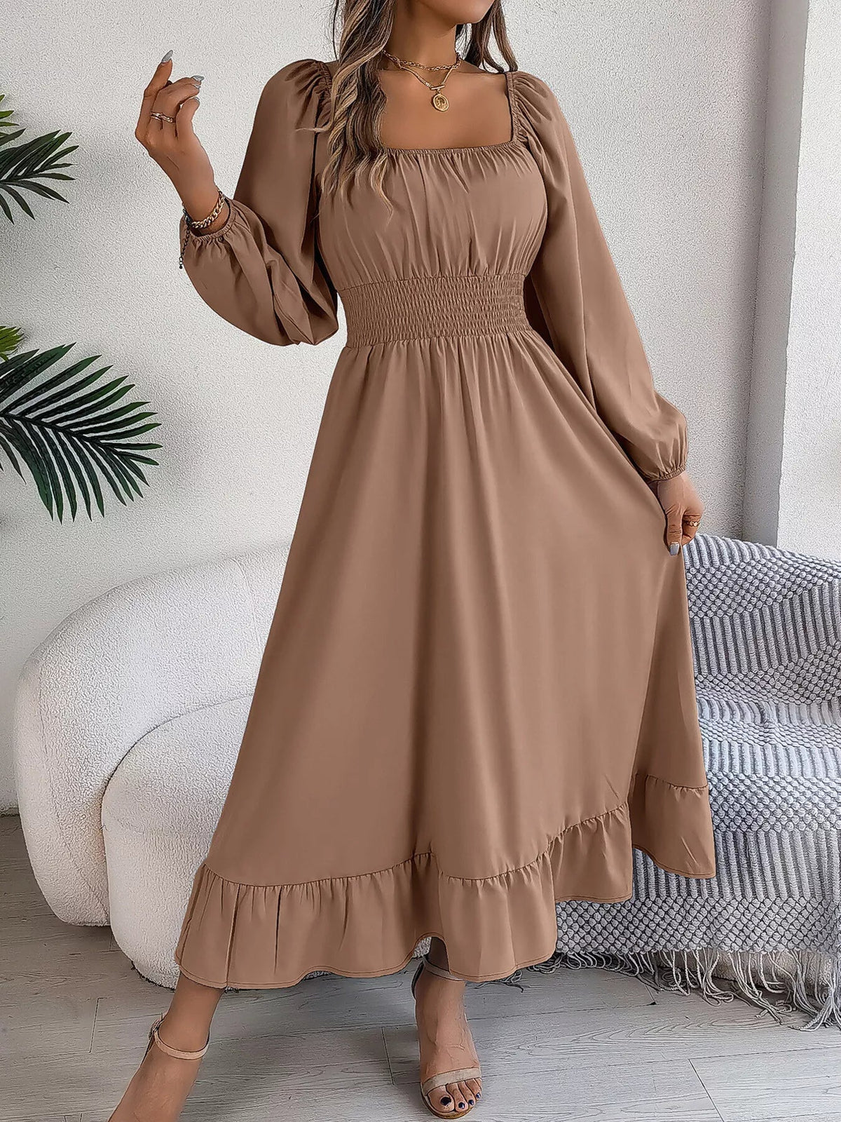 Square Neck Smocked Waist Long Sleeve Midi Dress - Bitsy Gypsy Boutique