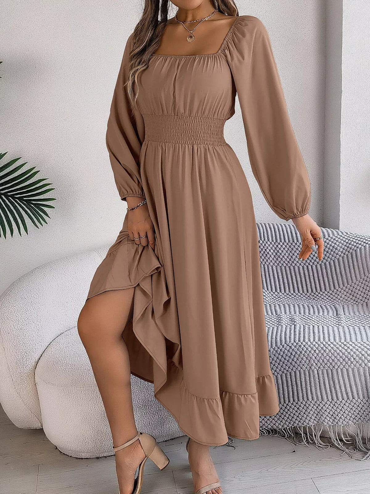 Square Neck Smocked Waist Long Sleeve Midi Dress - Bitsy Gypsy Boutique