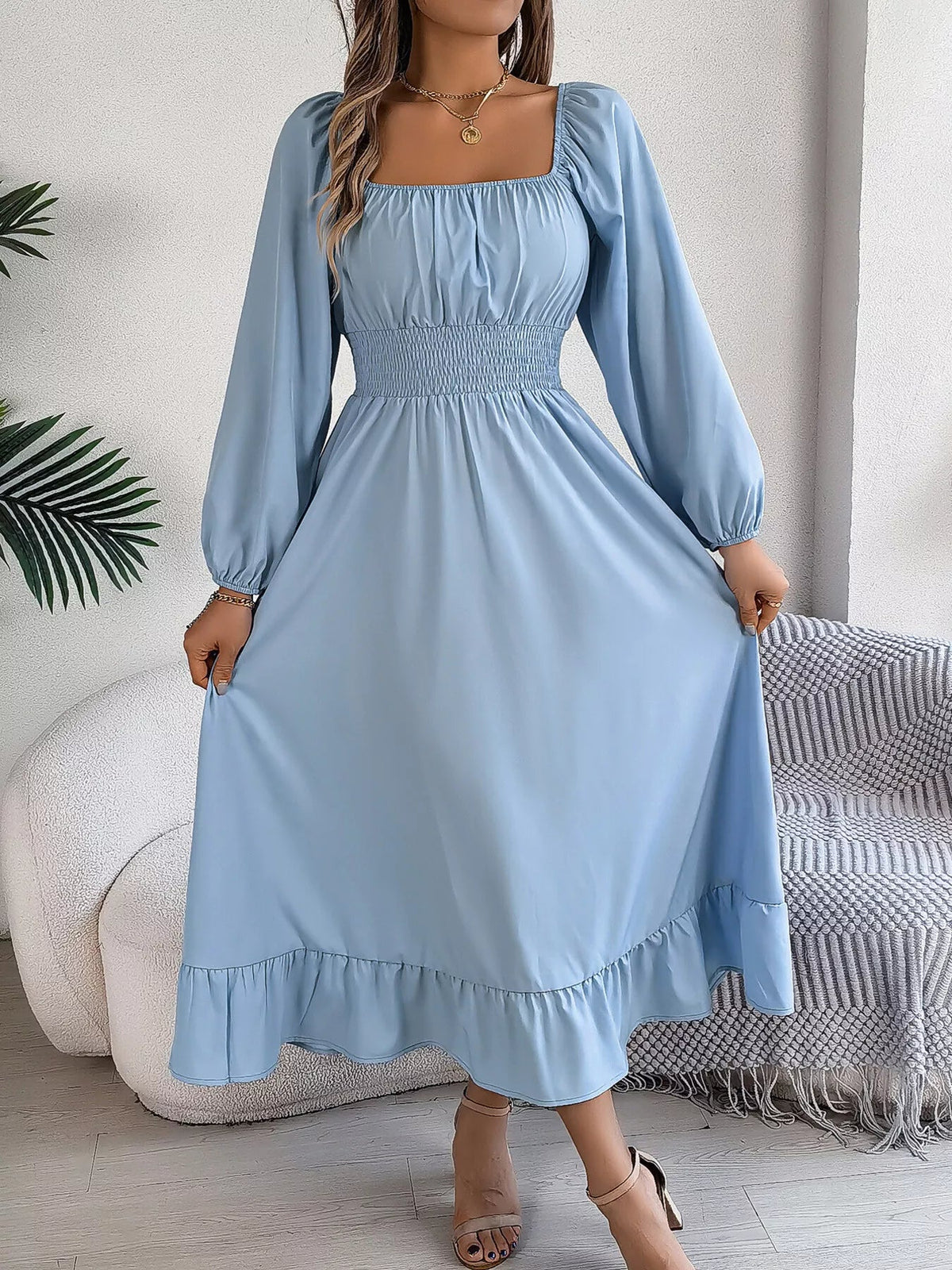 Square Neck Smocked Waist Long Sleeve Midi Dress - Bitsy Gypsy Boutique