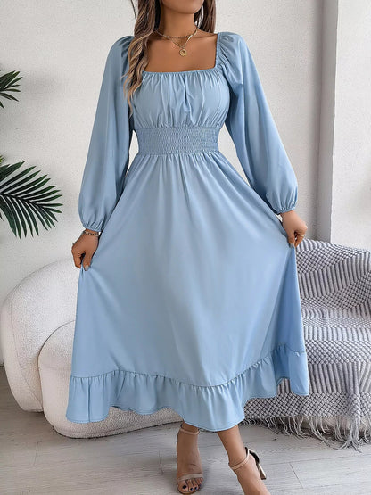 Square Neck Smocked Waist Long Sleeve Midi Dress - Bitsy Gypsy Boutique