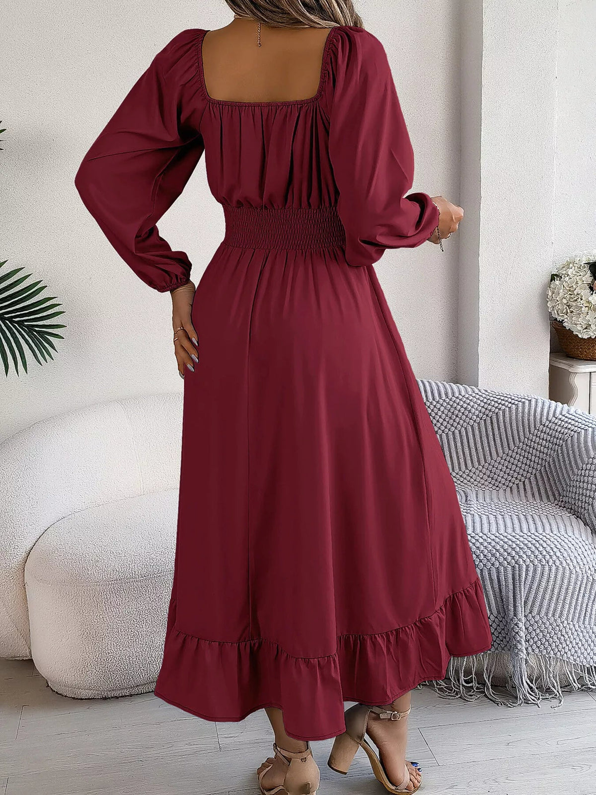 Square Neck Smocked Waist Long Sleeve Midi Dress - Bitsy Gypsy Boutique