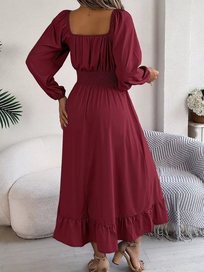 Square Neck Smocked Waist Long Sleeve Midi Dress - Bitsy Gypsy Boutique