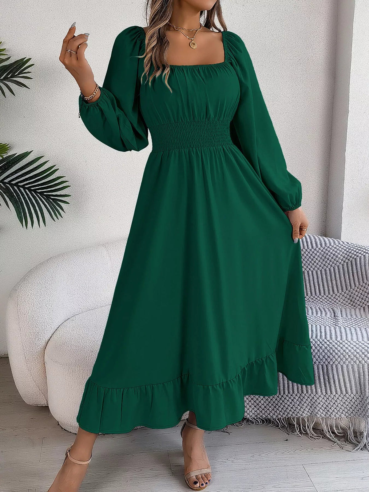Square Neck Smocked Waist Long Sleeve Midi Dress - Bitsy Gypsy Boutique