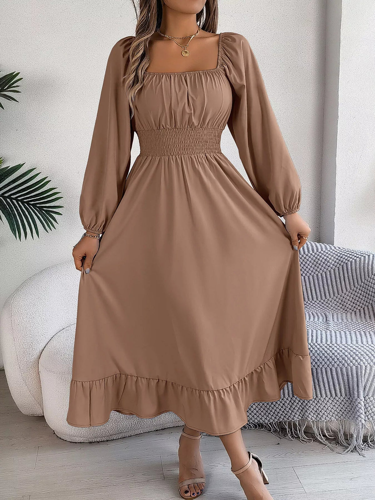 Square Neck Smocked Waist Long Sleeve Midi Dress - Bitsy Gypsy Boutique