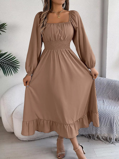 Square Neck Smocked Waist Long Sleeve Midi Dress - Bitsy Gypsy Boutique