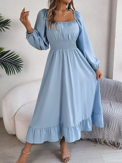 Square Neck Smocked Waist Long Sleeve Midi Dress - Bitsy Gypsy Boutique
