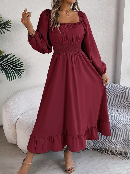 Square Neck Smocked Waist Long Sleeve Midi Dress - Bitsy Gypsy Boutique