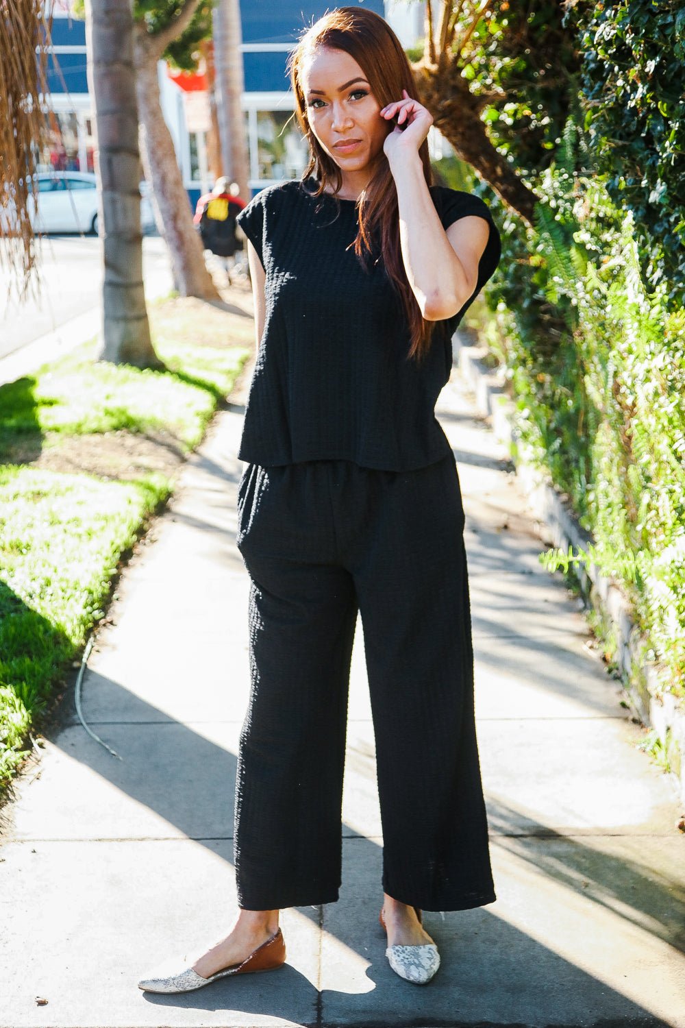 Stand Out Black Textured Shirt Attached Crossover Back Pant Suit - Bitsy Gypsy Boutique