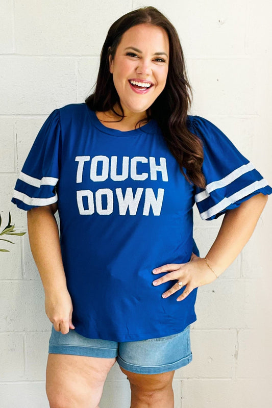 Stand Out Blue "TOUCHDOWN" Sequin Bubble Sleeve Game Day Top - Bitsy Gypsy Boutique