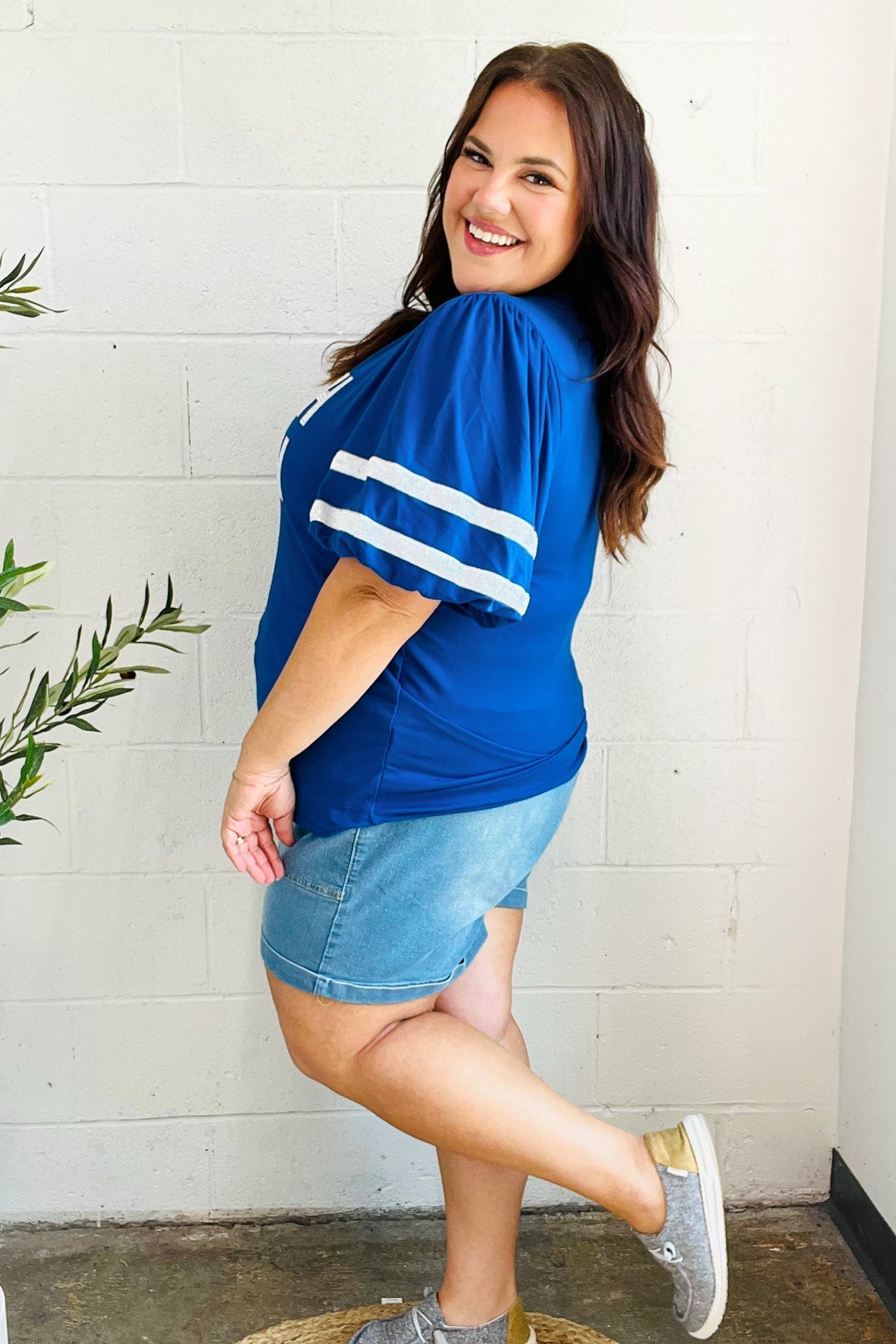 Stand Out Blue "TOUCHDOWN" Sequin Bubble Sleeve Game Day Top - Bitsy Gypsy Boutique