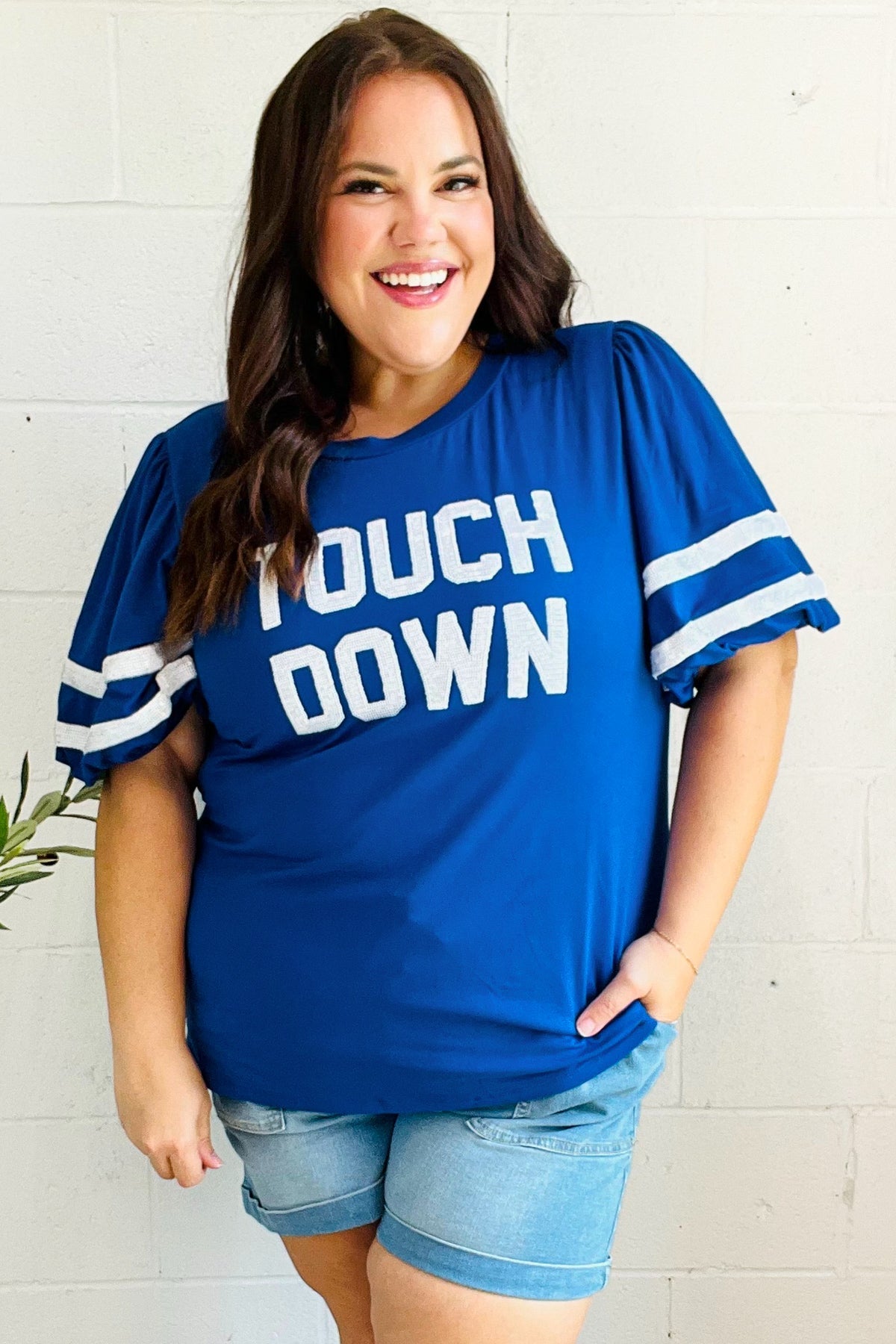 Stand Out Blue "TOUCHDOWN" Sequin Bubble Sleeve Game Day Top - Bitsy Gypsy Boutique