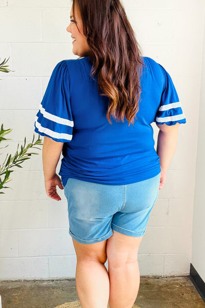 Stand Out Blue "TOUCHDOWN" Sequin Bubble Sleeve Game Day Top - Bitsy Gypsy Boutique