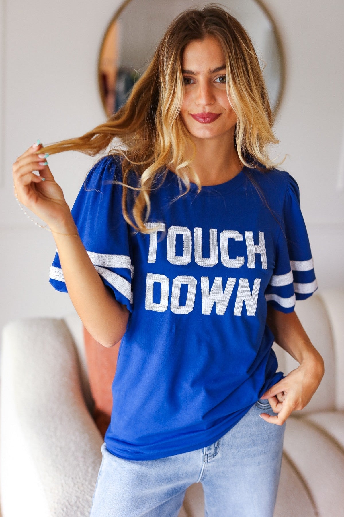 Stand Out Blue "TOUCHDOWN" Sequin Bubble Sleeve Game Day Top - Bitsy Gypsy Boutique
