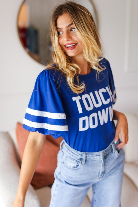 Stand Out Blue "TOUCHDOWN" Sequin Bubble Sleeve Game Day Top - Bitsy Gypsy Boutique