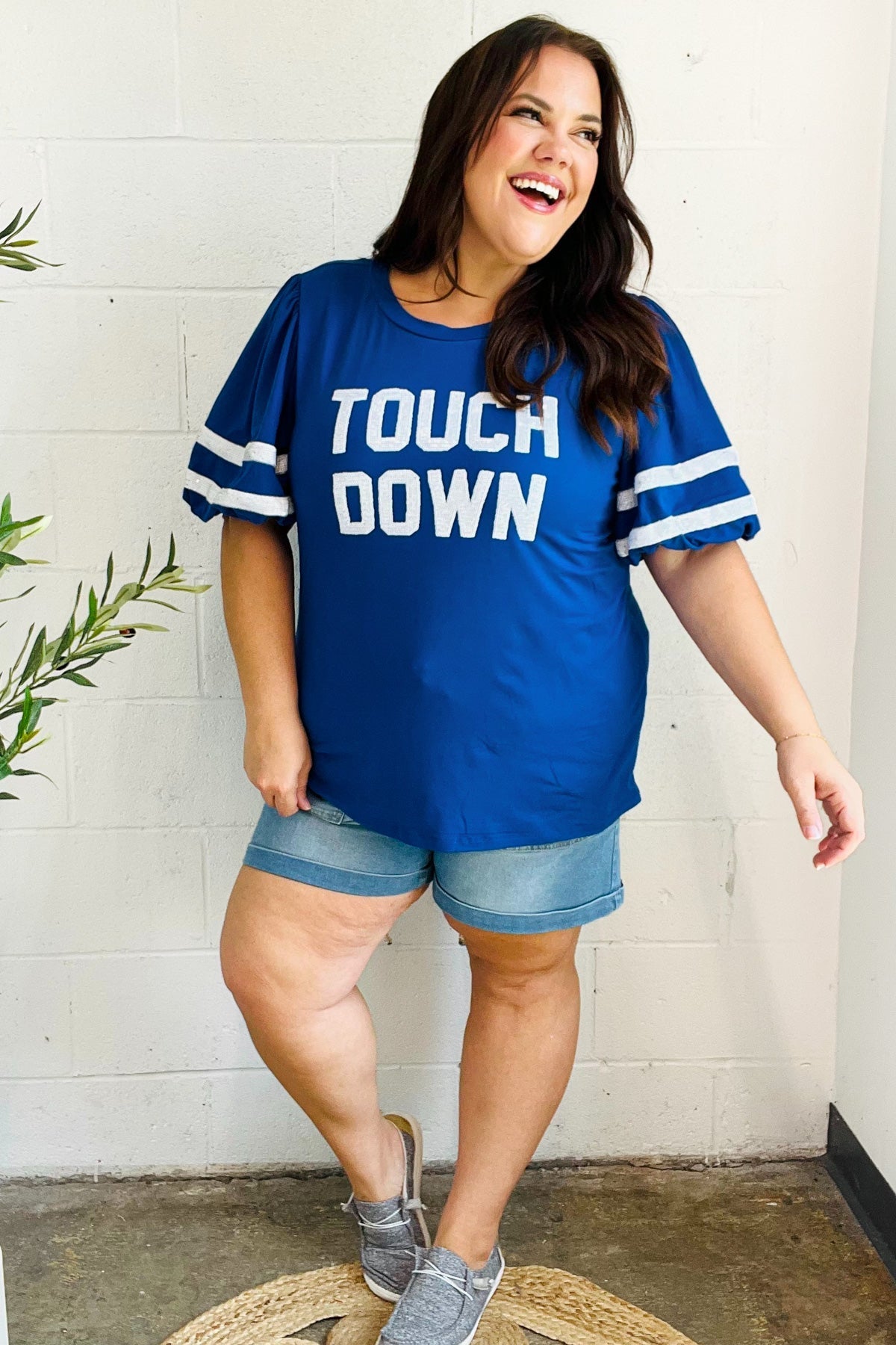 Stand Out Blue "TOUCHDOWN" Sequin Bubble Sleeve Game Day Top - Bitsy Gypsy Boutique